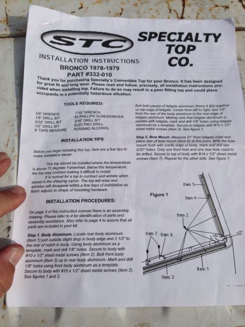 1979 Ford Bronco - Installation instructions document for a Bronco convertible top from Specialty Top Co.