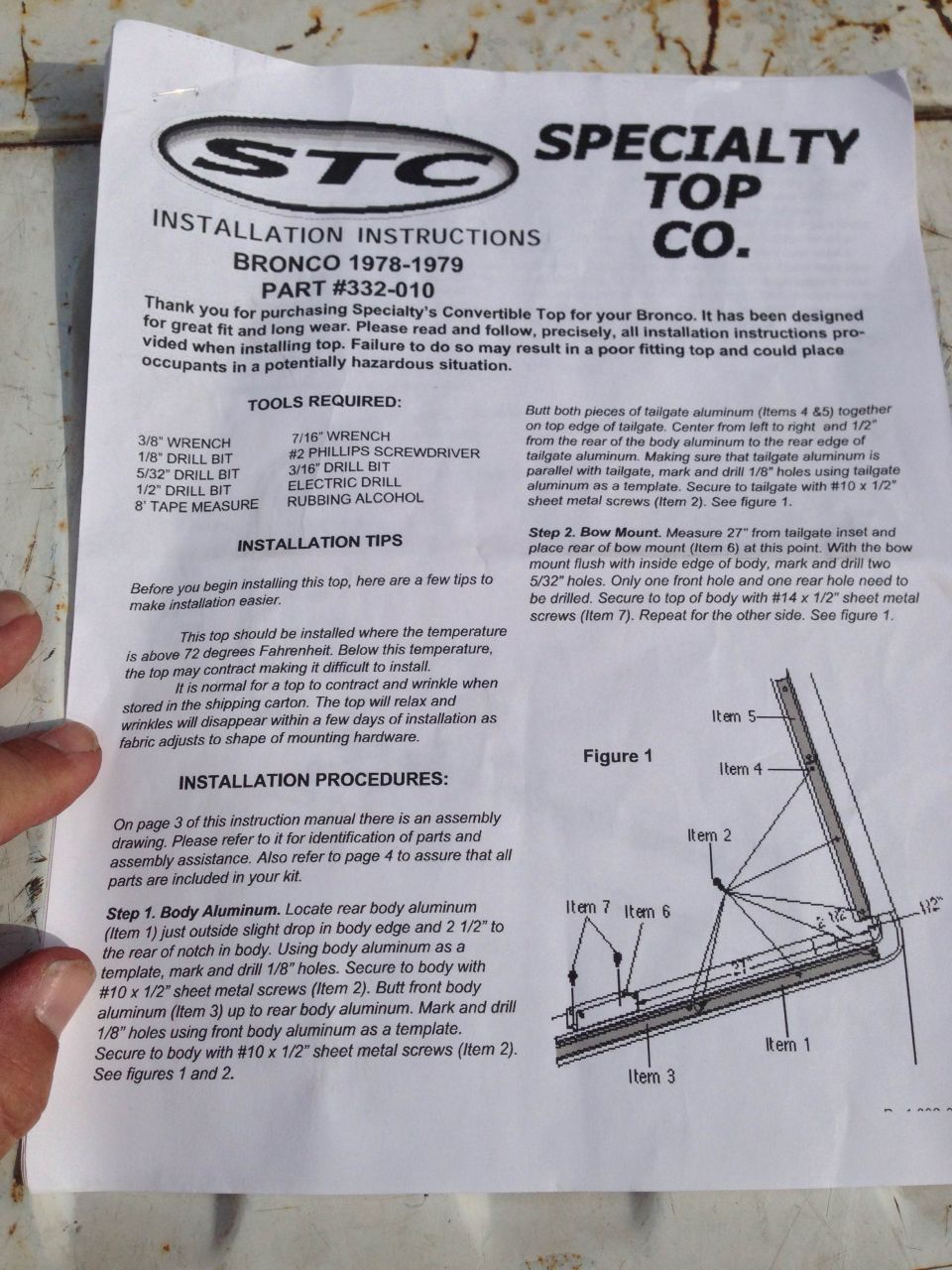 Specialty Top Co. Bronco 1978-1979 convertible top installation instructions, part #332-010
