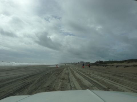 1979 Ford Bronco - A wide expanse of beach with tire tracks leading towards the ocean under a cloudy sky.