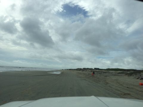 1979 Ford Bronco - View from inside a vehicle driving on a sandy beach, with the ocean to the left and dunes to the right.