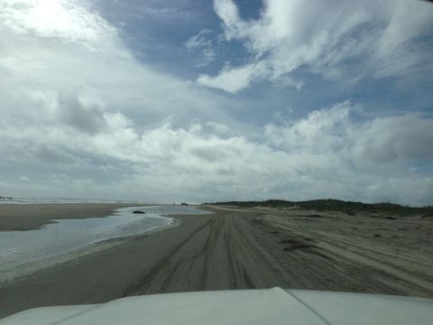 1979 Ford Bronco - Driving on a beach with tire tracks and clouds overhead.