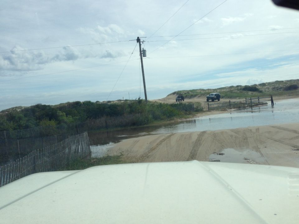 White vehicle hood in foreground, two SUVs on a sandy road with puddles, dunes and vegetation.