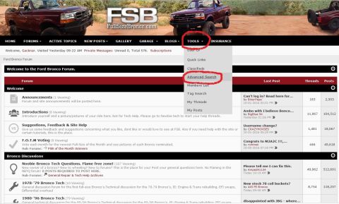 1986 Ford Bronco - A screenshot of the FullSizeBronco.com forum website. The navigation bar shows "Tools" with a dropdown menu open, highlighting "Advanced Se…