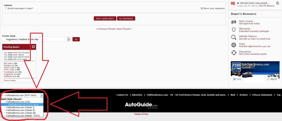 Screenshot of a forum page with a dropdown menu for style chooser