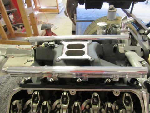 V8 engine intake manifold and fuel rails during assembly