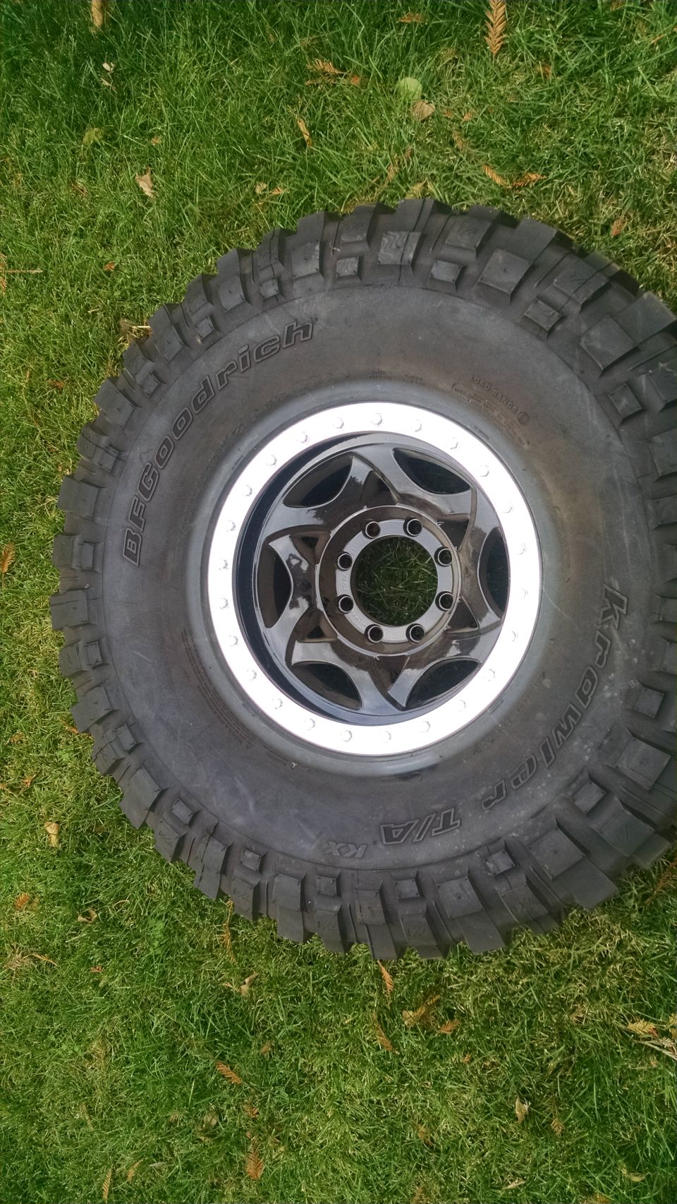 BFGoodrich All-Terrain T/A KO2 tire and black rim on grass