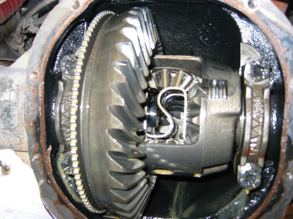 Open rear differential with cover removed showing ring gear and carrier, coated in gear oil