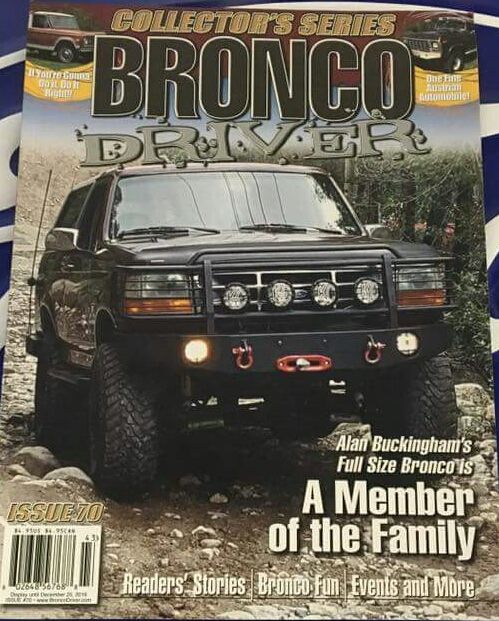 Black 1996 Ford Bronco on a rocky trail, cover of Bronco Driver magazine.