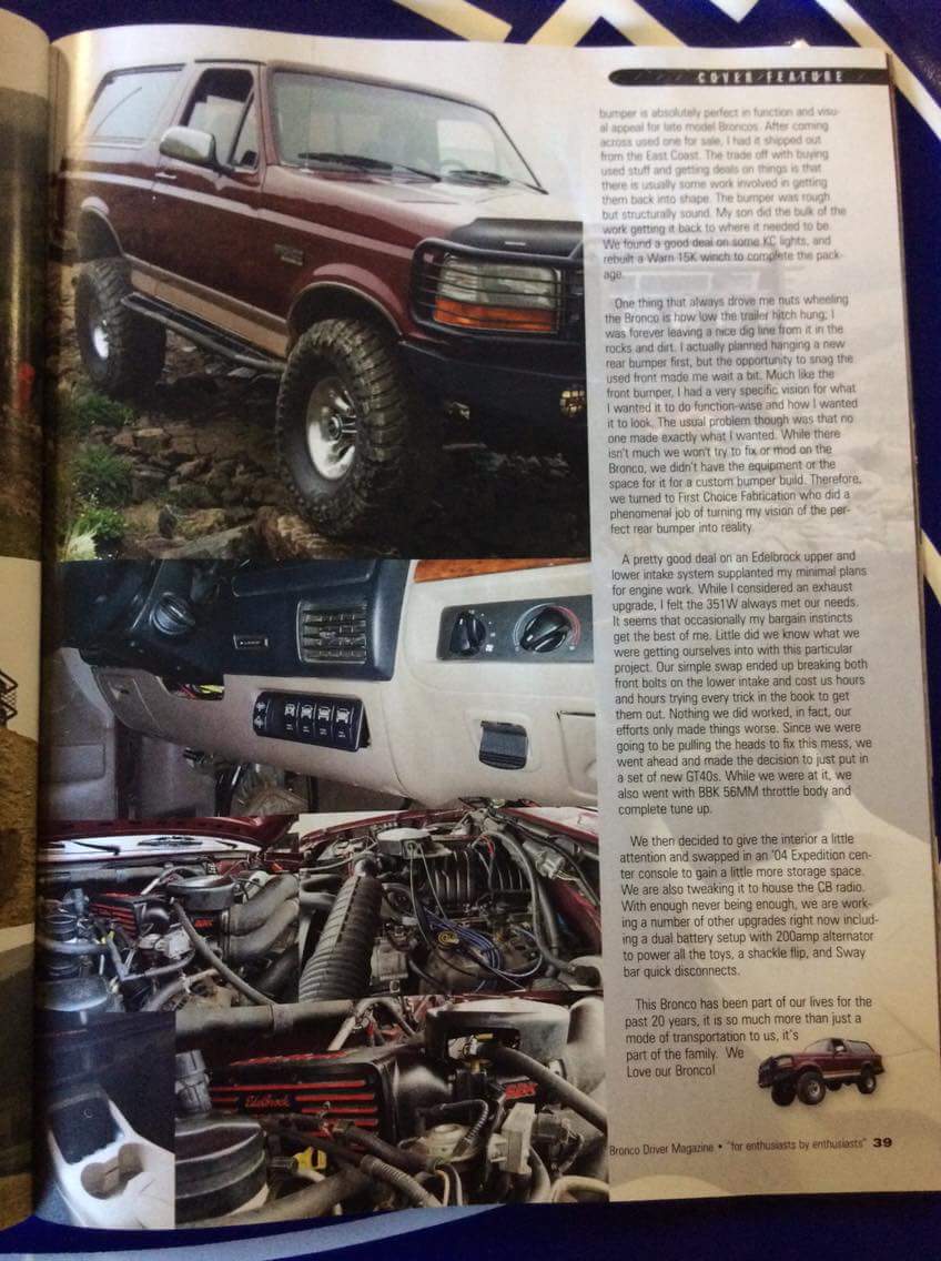 Maroon 1996 Ford Bronco on a rocky incline, with text about modifications.