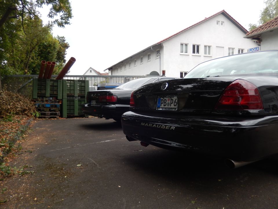 Black sedan with MARAUDER badge on rear, license plate PB-P6
