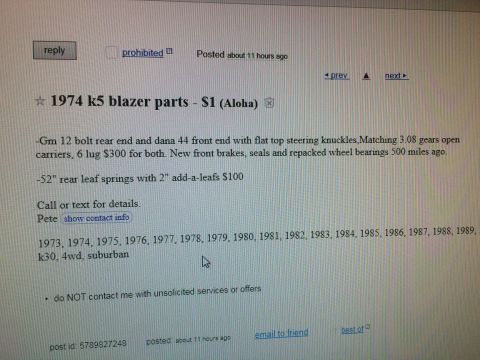 1962 Chevrolet Suburban - This is a screenshot of a Craigslist ad selling parts for a 1974 K5 Blazer, including drivetrain components and suspension parts.