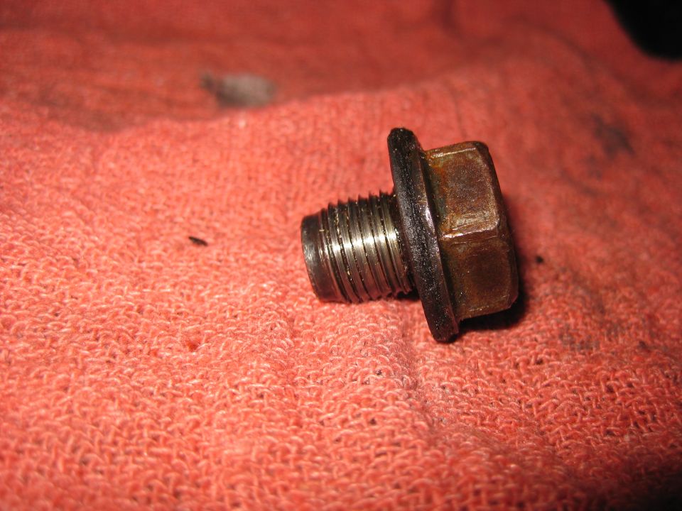 Oil drain plug with gasket on red cloth