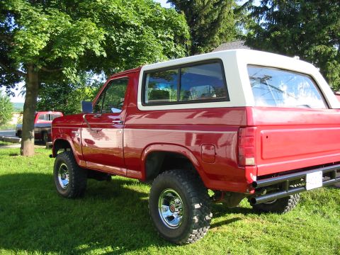 1981 Ford Bronco - This lifted red Ford Bronco with a white top is parked on a grassy lawn next to a tree, with another vehicle visible in the background.