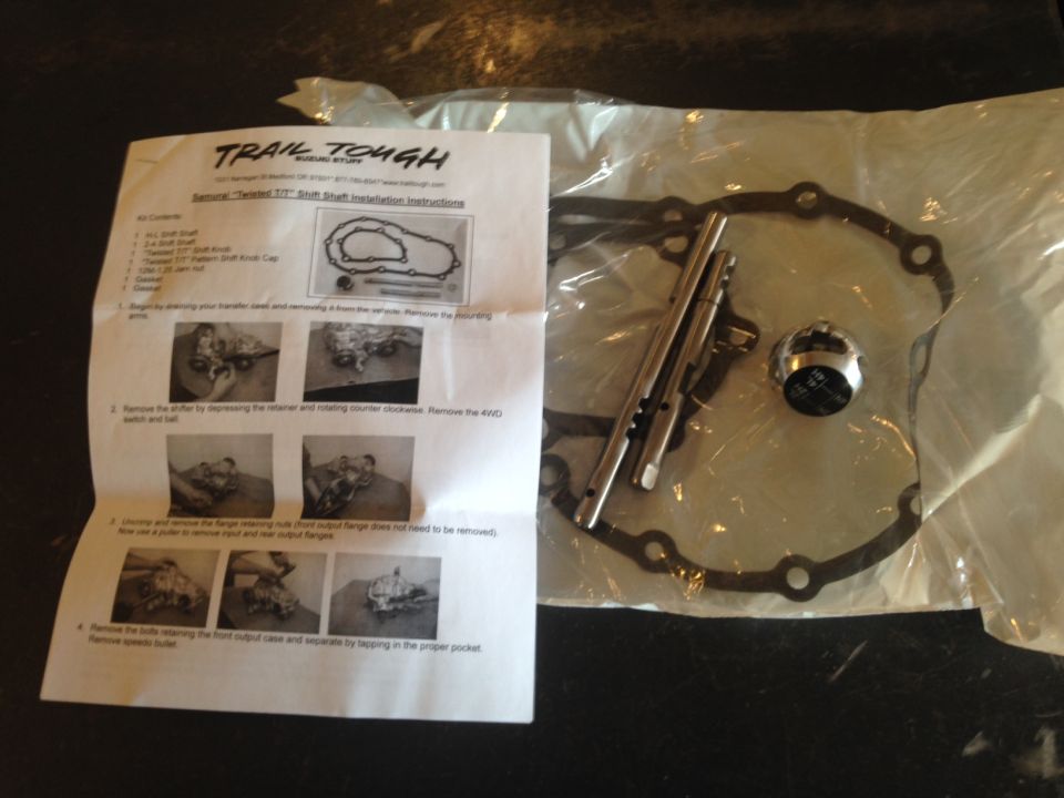 Trail Tough Samurai Twisted T/T shift shaft installation instructions beside bagged shift shafts and gasket