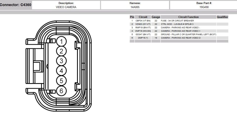 rear camera connector view. tap in left brake light for power and ground, the other two pins are from the injected pins from the screen.

Wiring harness: BL3Z14A411A, cut the other end.