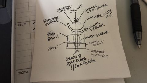1976 Ford Ranchero - Hand-drawn diagram illustrates the assembly of a framemount, detailing various components and their placement.