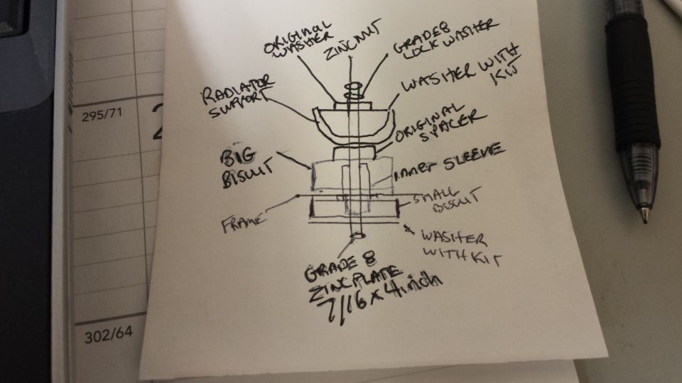 Hand-drawn exploded sketch of a body mount stack-up with labeled washers, spacer, and bolt