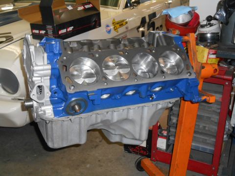1972 Ford Bronco - V8 engine block assembly on an engine stand, ready for installation or rebuild.