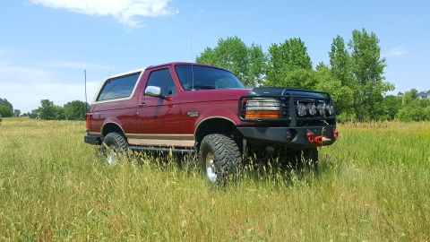 1996 Ford Bronco - A maroon 1996 Ford Bronco with a tan stripe and a white roof sits parked in a field of tall green grass under a bright blue sky.