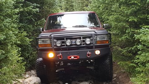 1996 Ford Bronco - A dark red 1996 Ford Bronco is shown from the front, driving on a rocky, wooded trail.