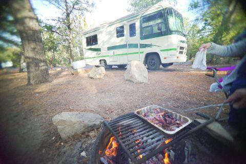 1995 Chevrolet P30 1 Ton - Step Van - A white and green RV is parked at a campsite with a fire pit in the foreground where bacon is cooking in a foil pan.