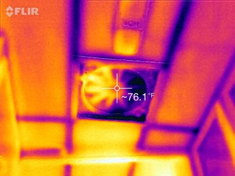 1995 Chevrolet P30 1 Ton - Step Van - A thermal image shows a ceiling fan with a temperature reading of approximately 76.1°F. The FLIR logo is visible in the upper left corner.