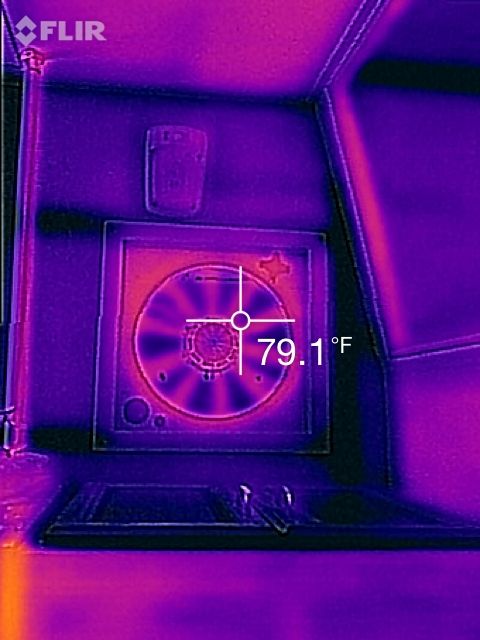 1995 Chevrolet P30 1 Ton - Step Van - A thermal image shows a ventilation fan mounted on a wall. A temperature reading of 79.1°F is displayed.