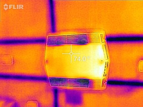 1995 Chevrolet P30 1 Ton - Step Van - A thermal image shows a white vent with a temperature reading of 74.0°F displayed in the center. The vent is mounted on a wall with horizon…