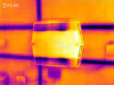 1995 Chevrolet P30 1 Ton - Step Van - A thermal image shows a white vent or appliance mounted on a wall. A crosshair with a temperature reading of 74.4°F is visible in the cente…