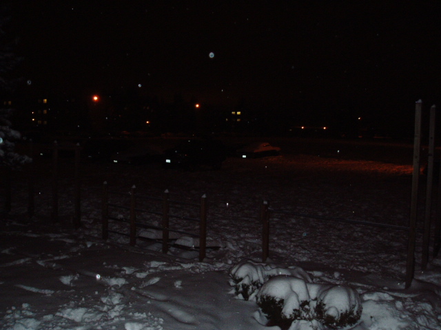 snowy yard at night with lights in distance