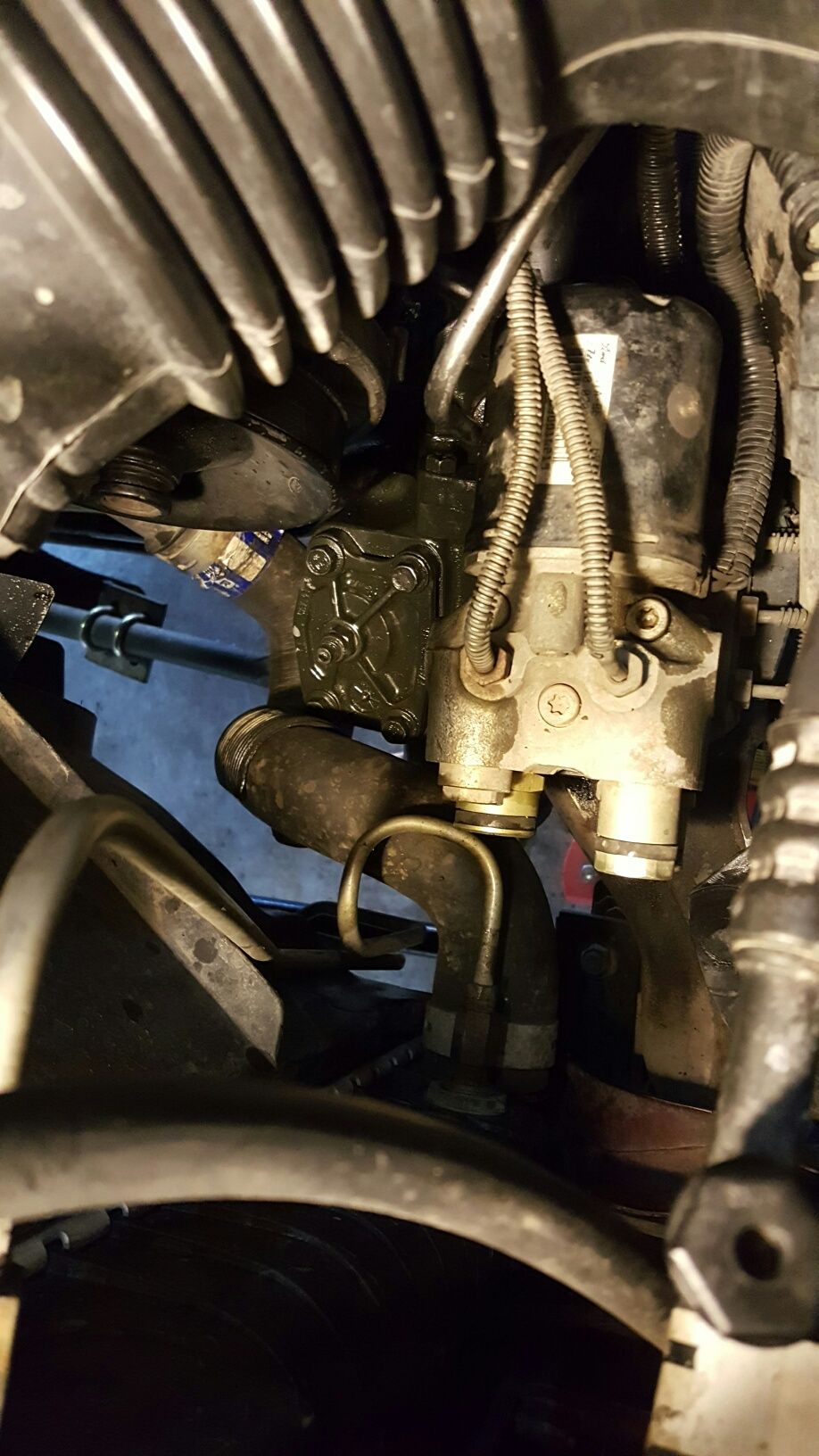 1996 Ford Bronco engine bay with power steering pump and hoses covered in oil.