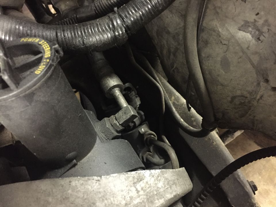 Close-up of power steering fluid reservoir cap and hoses in engine bay.