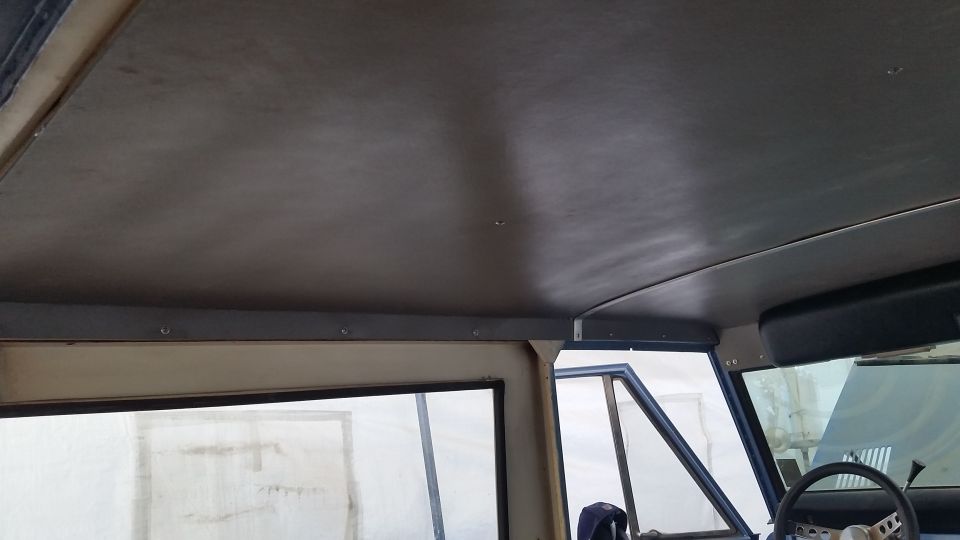 Interior view of a vehicle's dark gray headliner and framing, with windows showing exterior elements.
