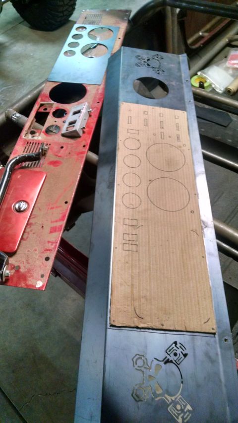 1985 Jeep CJ7 - Custom dashboard panels are prepared, one with pre-cut gauge openings and another with a cardboard template for layout.
