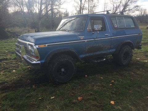 1979 Ford Bronco - Mud-splattered blue Ford Bronco with chrome accents and a roof rack sits in a field.