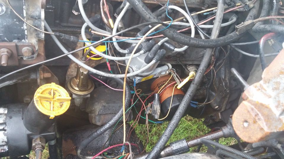 Engine bay with distributor cap, spark plug wires, and oil filter. Wires are messy