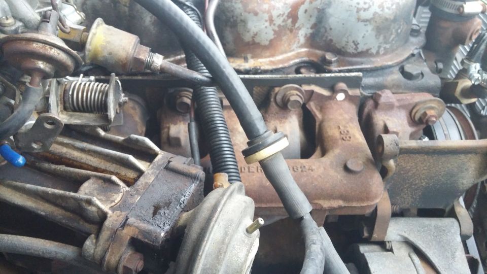 Close-up of engine components including hoses, manifold, and carburetor