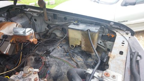 1984 Ford Bronco - View of the engine bay, showing the brake fluid reservoir and various wiring components.