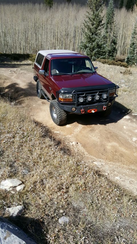 1996 Ford Bronco - This 1996 Ford Bronco is shown off-road, a custom front bumper with auxiliary lights and a winch.