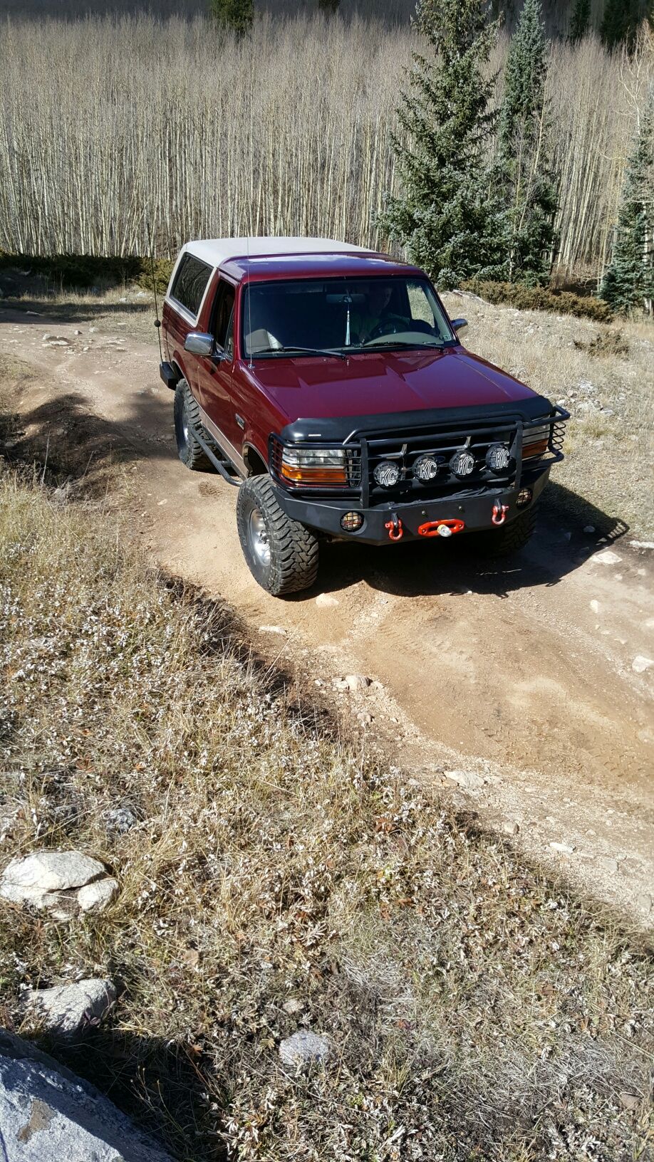 Red 1996 Ford Bronco with aftermarket bumper and lights on a dirt trail