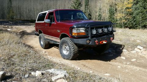 1996 Ford Bronco - This 1996 Ford Bronco is shown off-roading on a dirt path surrounded by trees.