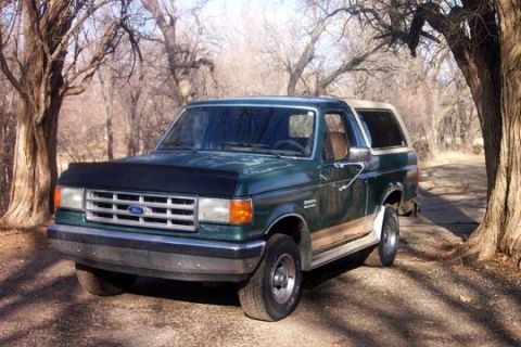 1987 Ford Bronco - Green 1987 Ford Bronco with a tan top sits on a dirt path surrounded by bare trees.