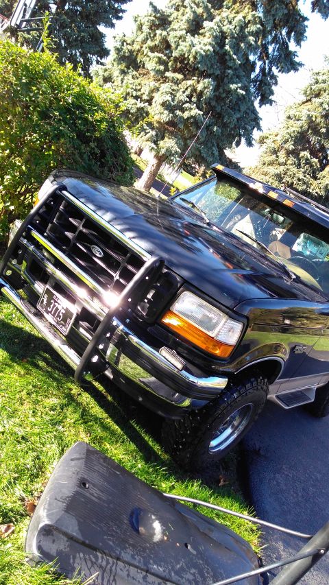 1996 Ford Bronco - A black Ford truck is parked on a grassy area, angled towards the viewer, with a prominent chrome push bar.