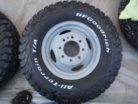 1995 Chevrolet P30 1 Ton - Step Van - A BFGoodrich All-Terrain T/A tire mounted on a steel wheel is shown up close.