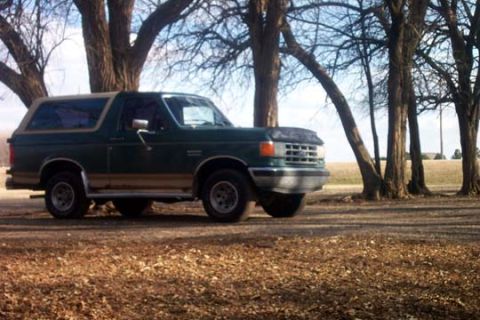 1987 Ford Bronco - A green 1987 Ford Bronco with tan trim sits parked outdoors under a canopy of bare trees.