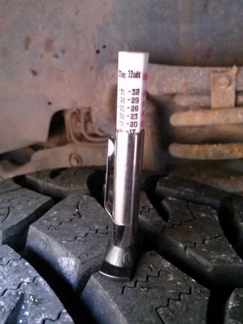 1996 Ford Bronco - A tire tread depth gauge is shown inserted into the tread of a vehicle tire. The gauge indicates a tread depth between 19 and 20 32nds of a…