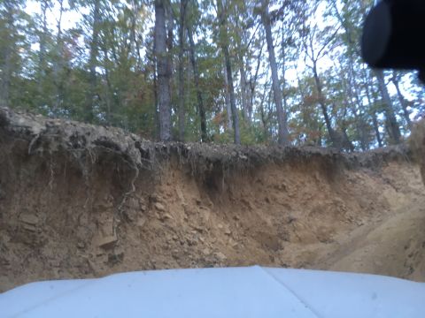 1979 Ford Bronco - A view of a dirt embankment with tree roots exposed, with a white surface in the foreground.