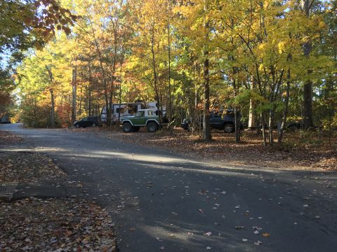 1979 Ford Bronco - A green 1979 Ford Bronco is parked on the side of a paved road in a wooded area during the fall. An RV is parked behind the Bronco, and oth…