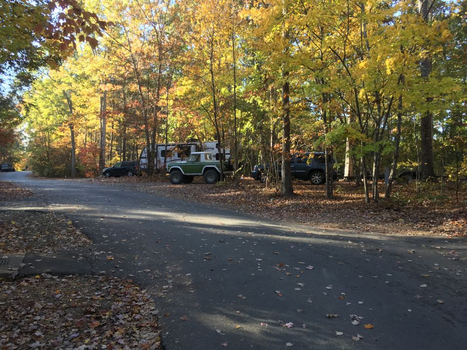 Green 1979 Ford Bronco parked in a fall forest setting next to an RV.