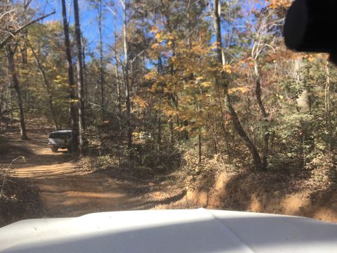 1979 Ford Bronco - A silver SUV is parked on a dirt road in a wooded area during the fall. The vehicle is viewed from the front quarter angle, behind a white…